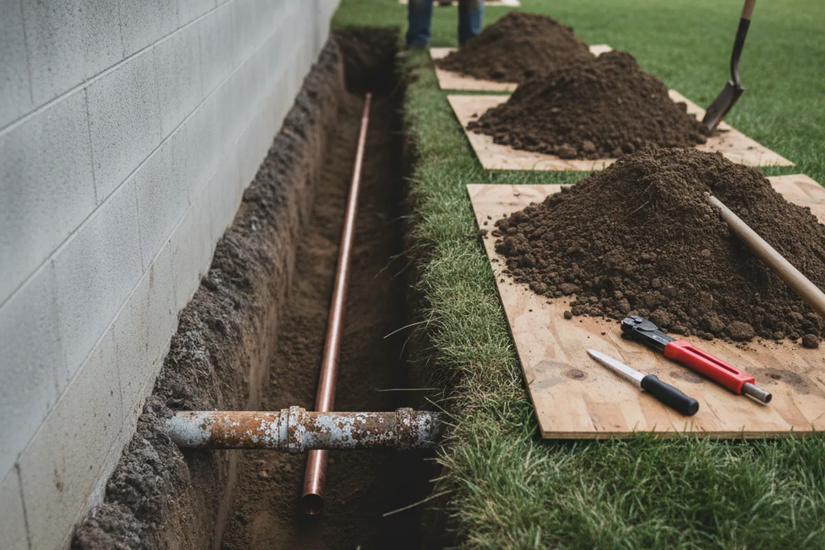 Excavated water line trench during Sewer Line Repair in Triangle